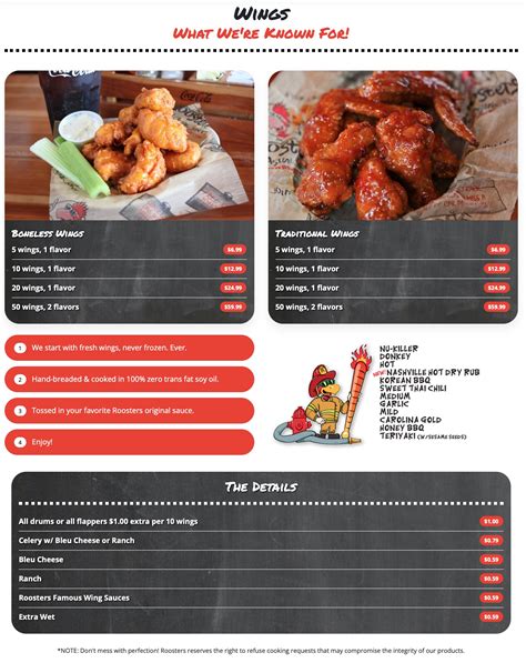 roosters restaurant menu with prices